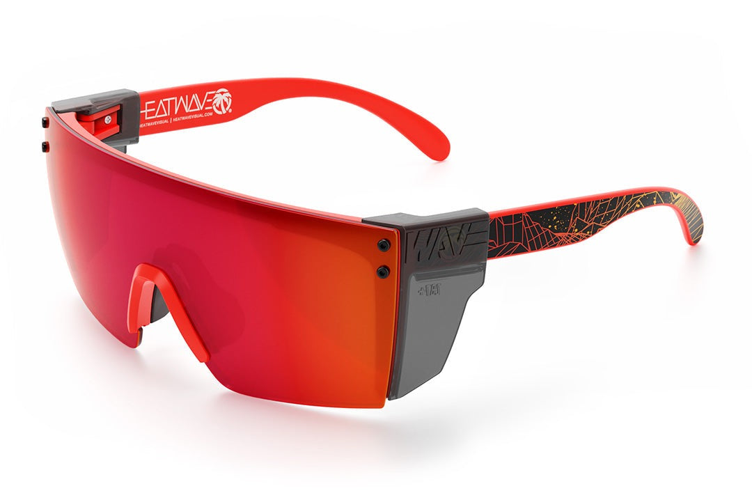 Heat Wave Visual Lazer Face Z87 Sunglasses with neon red frame, girdwave print arms, firestorm red lens and smoke side shields.