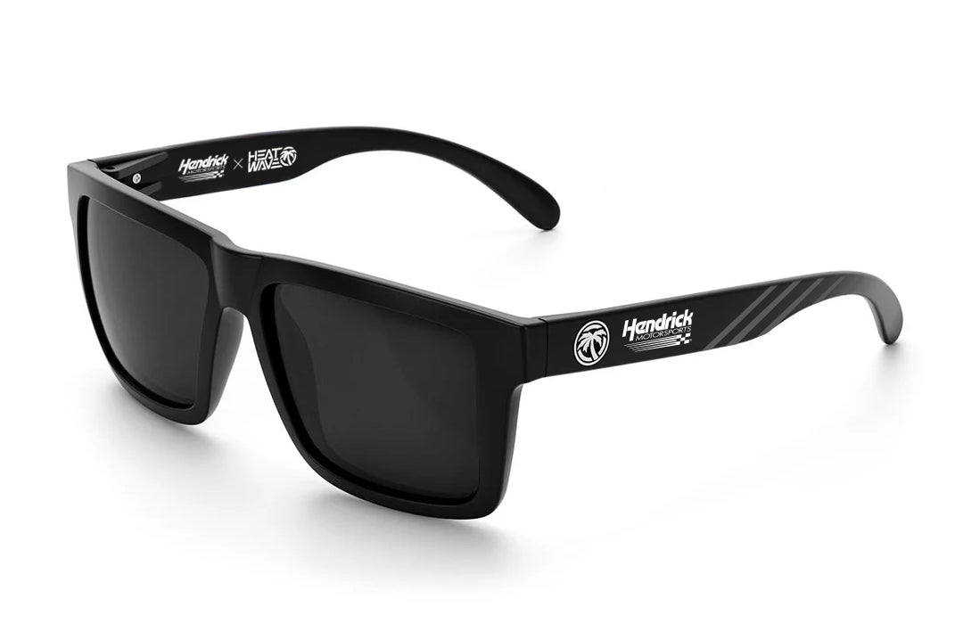 Hendrick Motorsports x Heat Wave Visual XL Vise Sunglasses with black frame, Hendrick Motorsports print arms and black lenses.