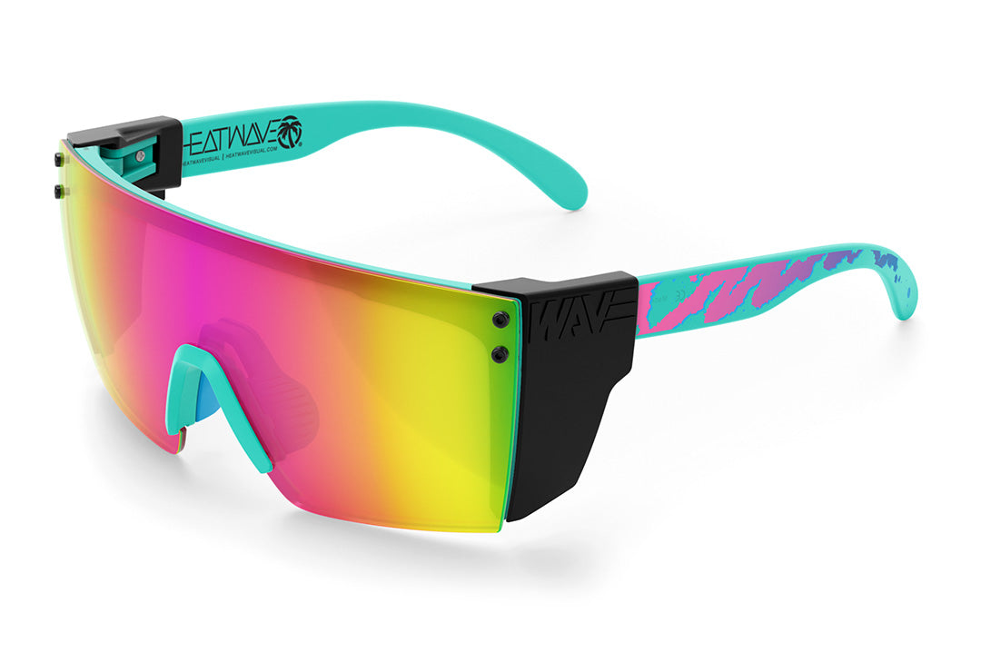 Heat Wave Visual Lazer Face Sungalsses with teal frame, hypersplash arms, spectrum pink yellow lens and black side sheilds.