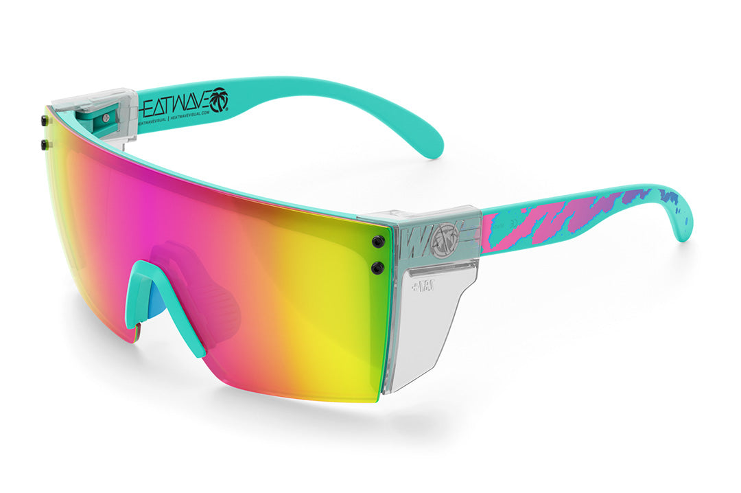 Heat Wave Visual Lazer Face Sungalsses with teal frame, hypersplash arms, spectrum pink yellow lens and clear side sheilds.