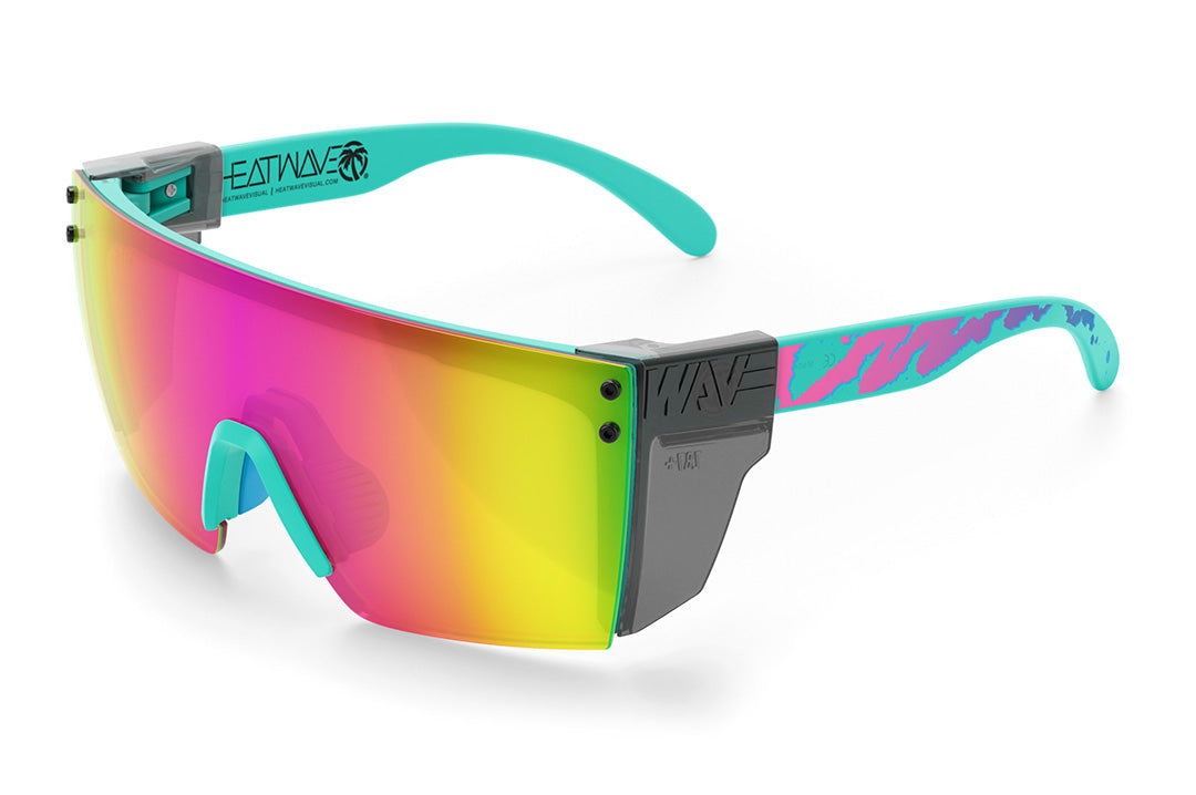 Heat Wave Visual Lazer Face Sungalsses with teal frame, hypersplash arms, spectrum pink yellow lens and smoke side sheilds.