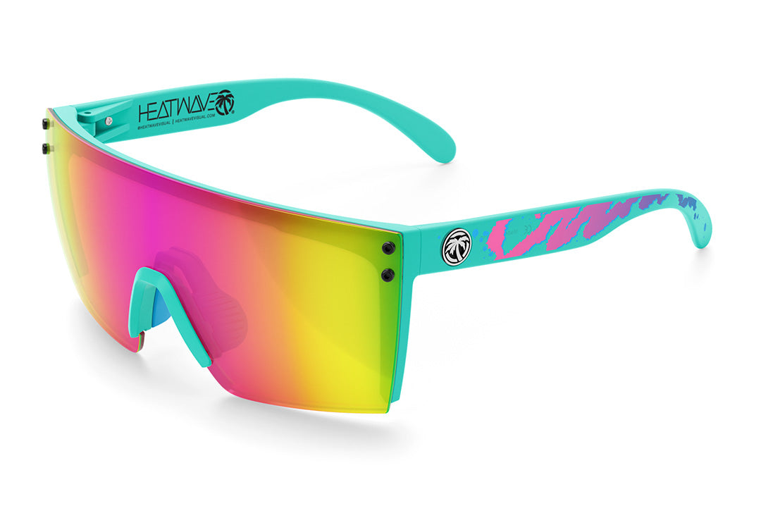 Heat Wave Visual Lazer Face Sungalsses with teal frame, hypersplash arms and spectrum pink yellow lens. 