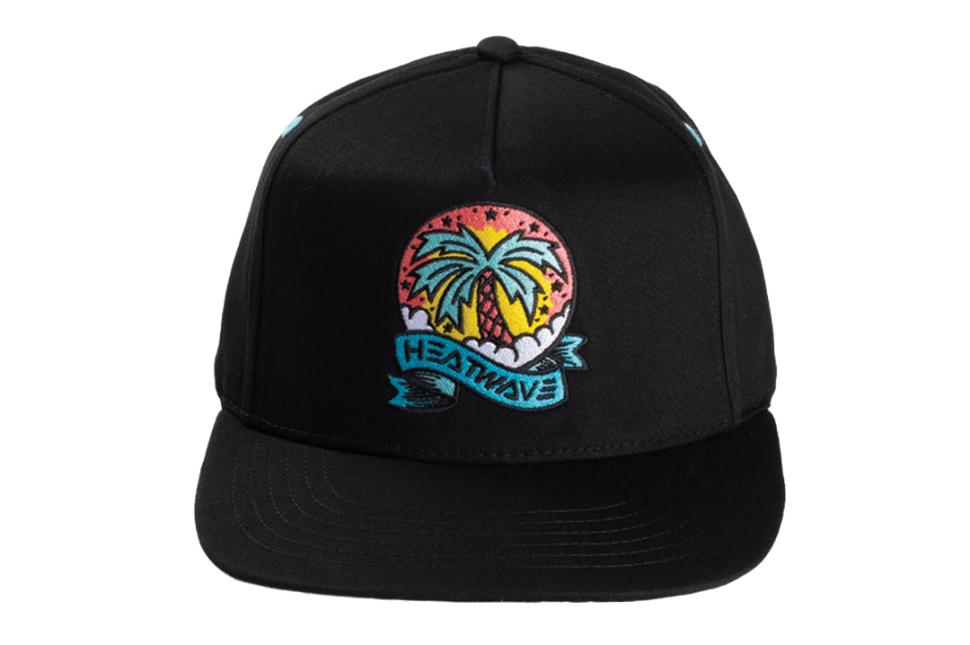Front view of the 3/4 view of the Heat Wave x Tall Boy Icon Flash Hat - Black on a white background on a white background