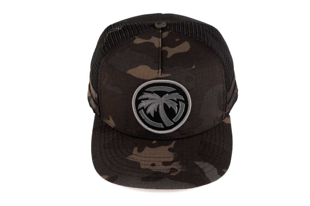 Top view of the Heat Wave Visual Icon Multicam Trucker Hat. 