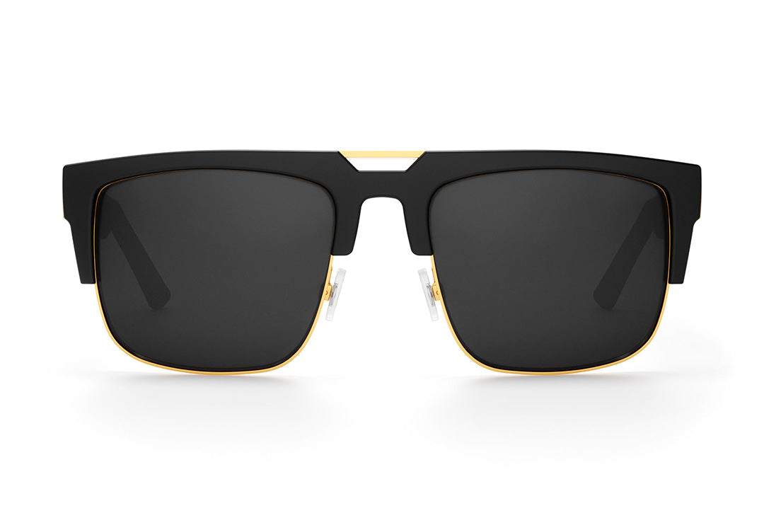 Front of Heat Wave Visual Interceptor Sunglasses with black gold frame and black lenses.