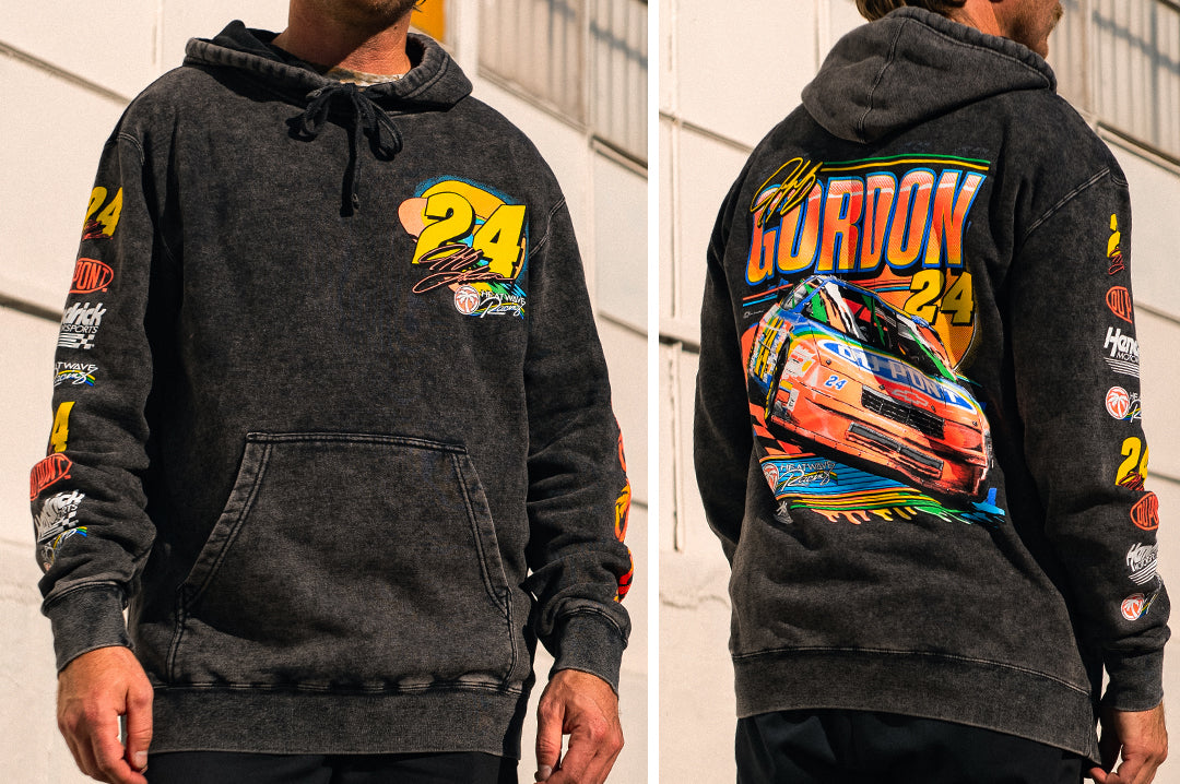 Justin rocking the Jeff Gordon x Heat Wave Visual mineral wash sweatshirt.