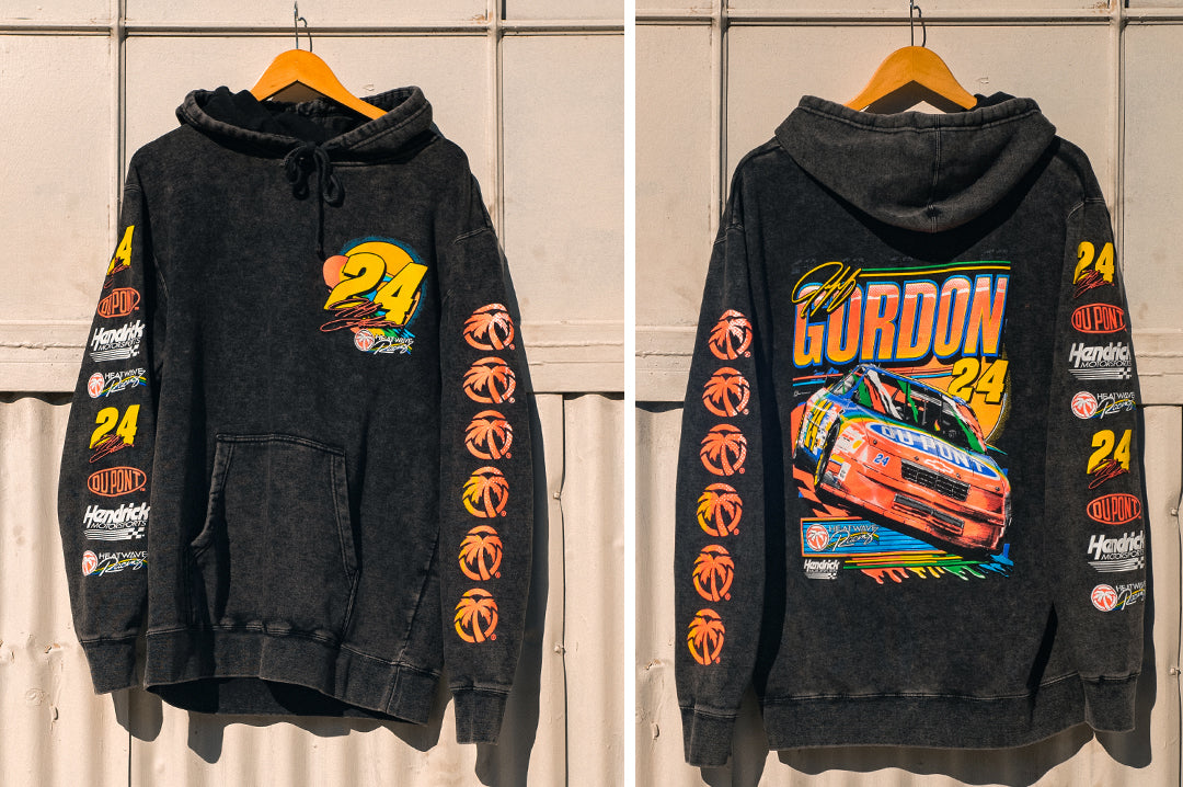 Hanging against a wall is the Jeff Gordon x Heat Wave Visual mineral wash sweatshirt.