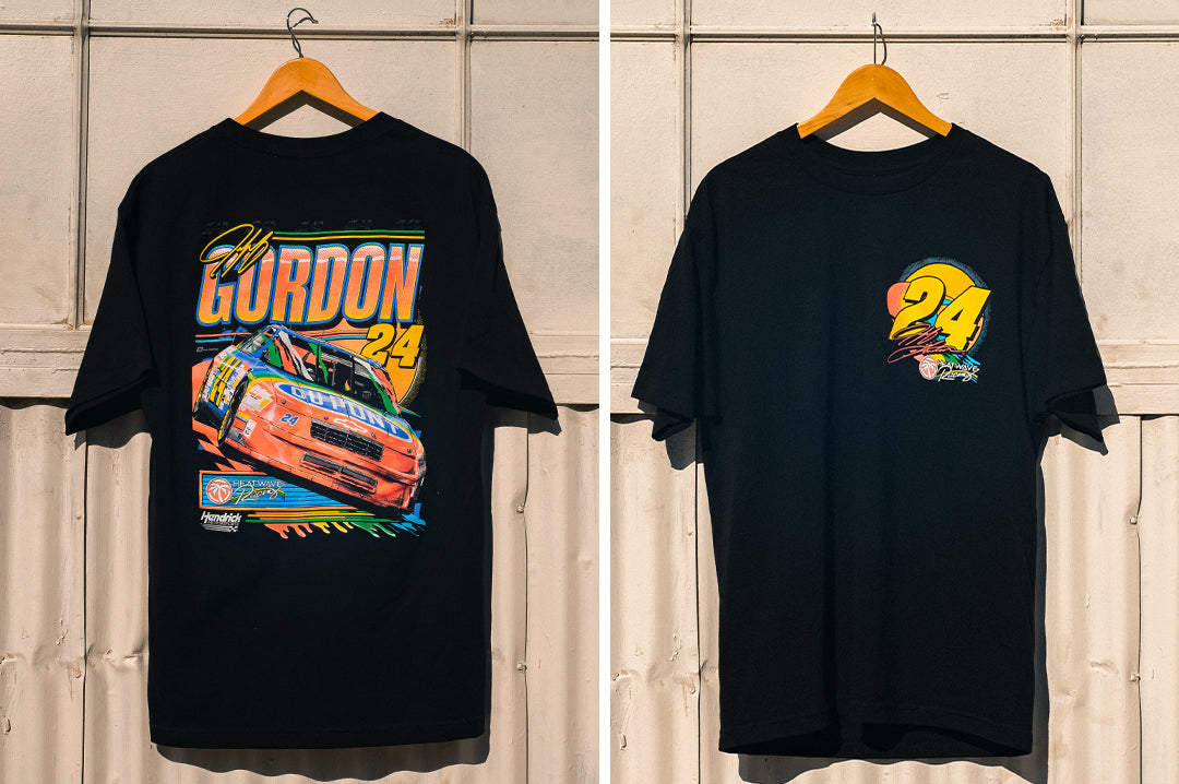 Hanging against a wall is the Jeff Gordon x Heat Wave Visual T-shirt.