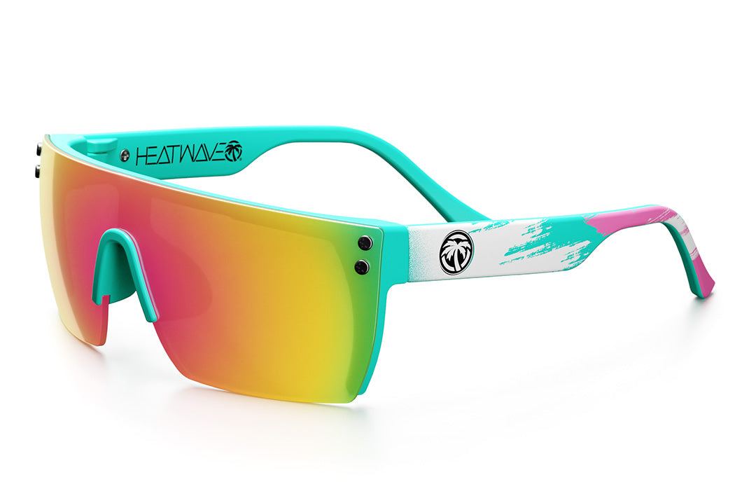 Heat Wave Visual Lazer Face Kids Sunglasses with teal frame, brush print arms and spectrum pink yellow lens.