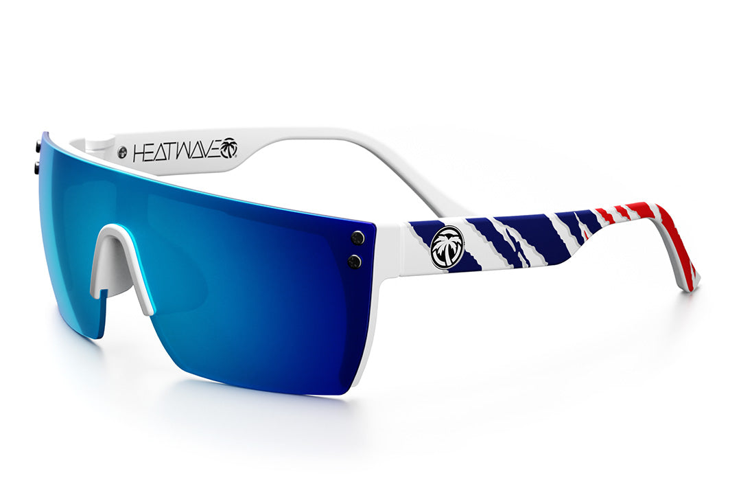 Heat Wave Visual Lazer Face kids sunglasses white frame, red white and blue print arms and galaxy blue lens.
