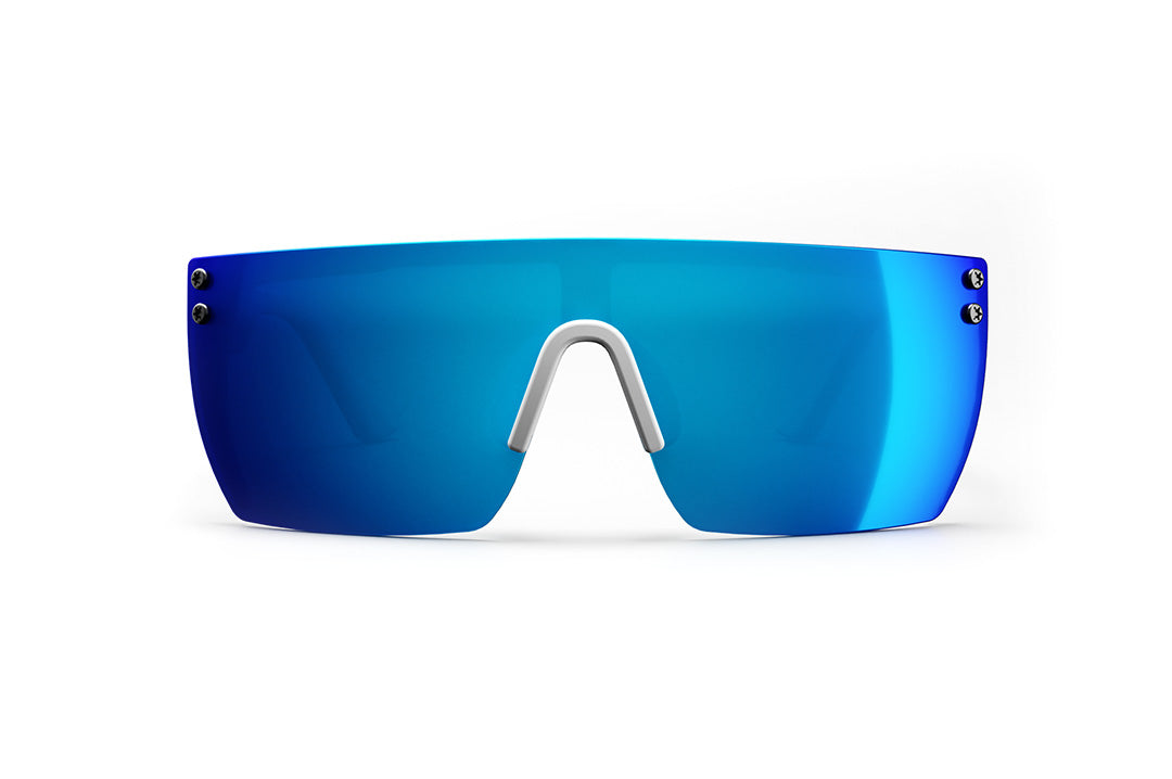 Front of Heat Wave Visual Lazer Face kids sunglasses white frame, red white and blue print arms and galaxy blue lens.