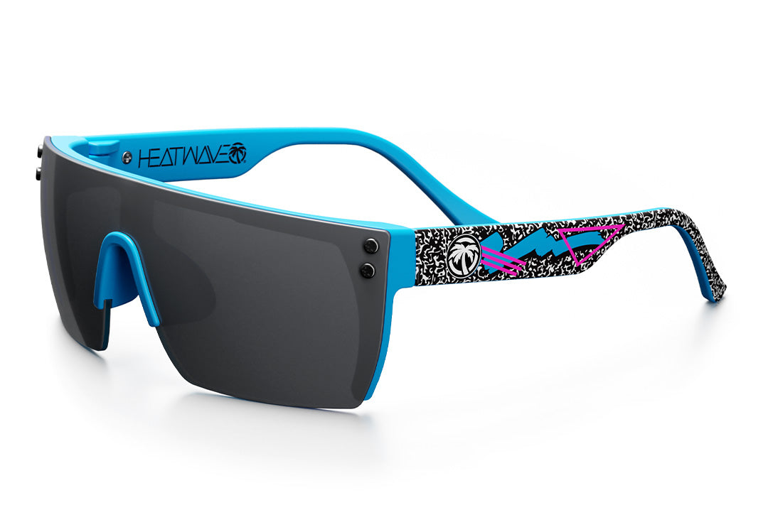 Heat Wave Visual Lazer Face kids sunglasses blue frame, static print arms and black lens.