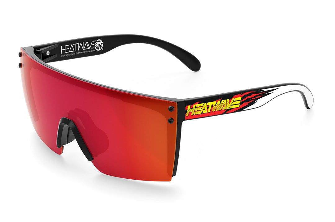 Heat Wave Visual Lazer Face Sunglasses with black frame, 1-800 Heat Wave print arms and firestorm red lens.