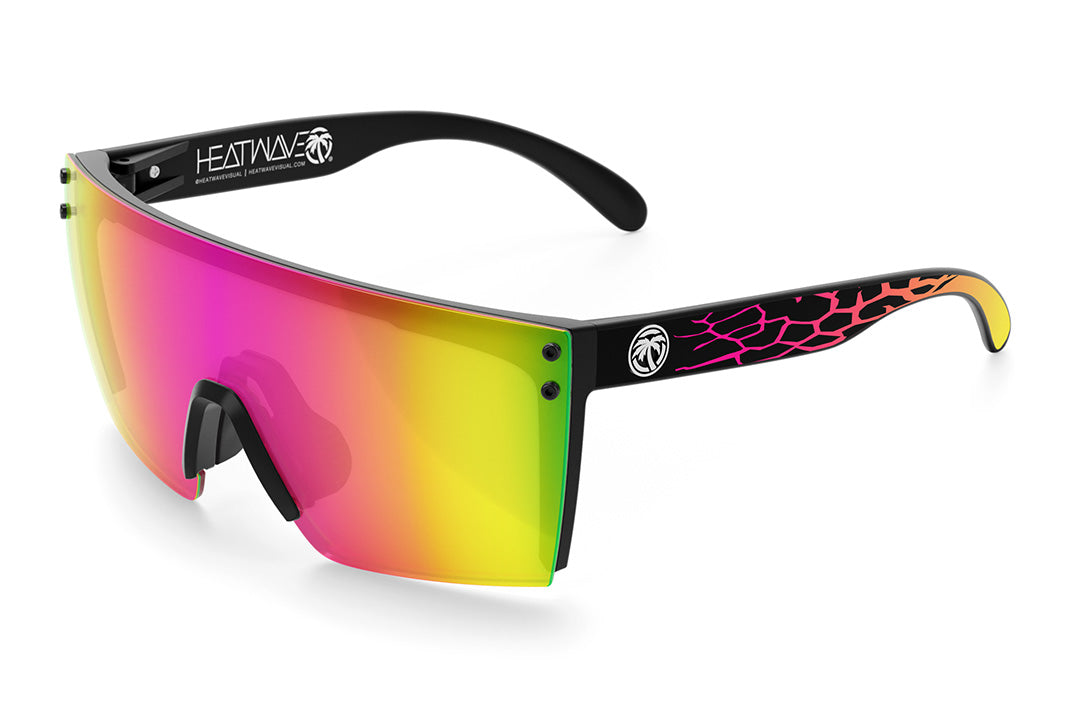 Heat Wave Visual Lazer Face Sunglasses with black frame, core print arms and spectrum pink yellow lens.