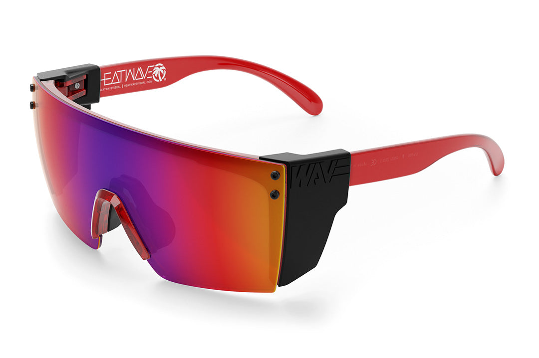 Heat Wave Visual Lazer Face Sunglasses with neon red frame, atmosphere blue red lens and black side shields.