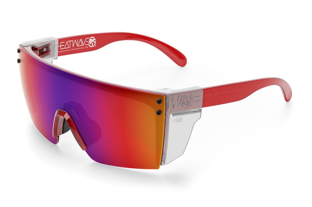 Heat Wave Visual Lazer Face Sunglasses with neon red frame, atmosphere blue red lens and clear side shields.