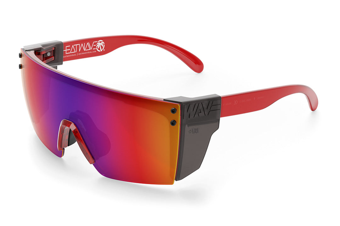 Heat Wave Visual Lazer Face Sunglasses with neon red frame, atmosphere blue red lens and smoke side shields.