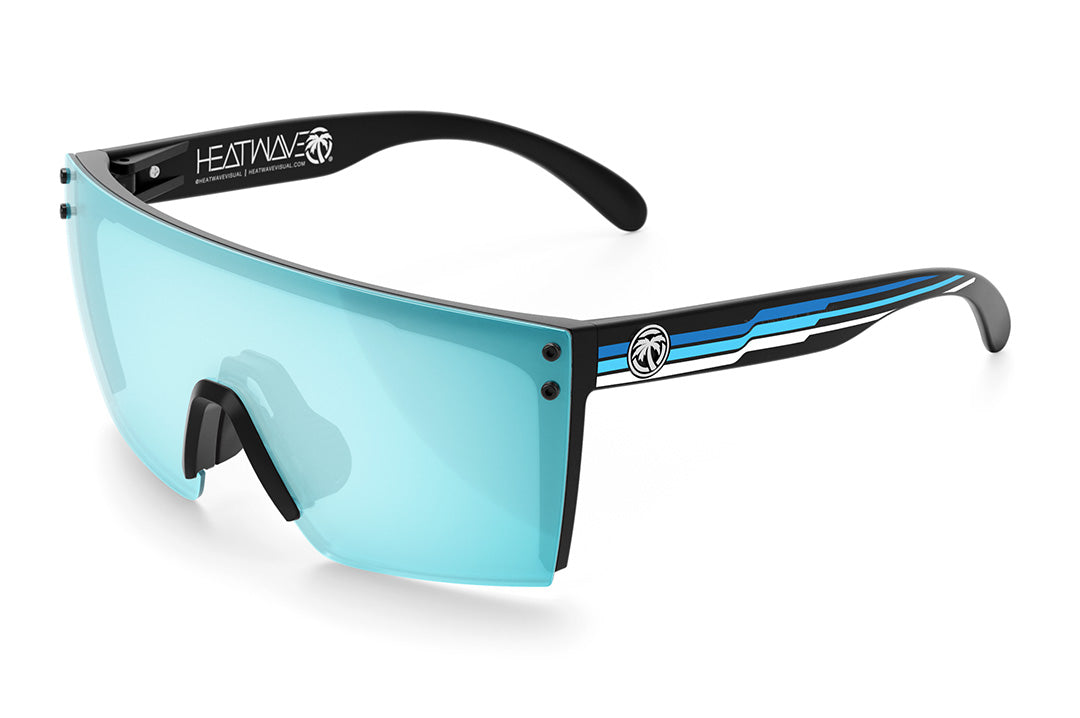 Heat Wave Visual Lazer Face Sunglasses with black frame, side stripe blue print arms and arctic chrome lens.