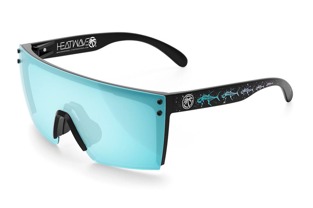 Heat Wave Visual Lazer Face Sunglasses with black frame, tuna bones print arms and arctic chrome lens.