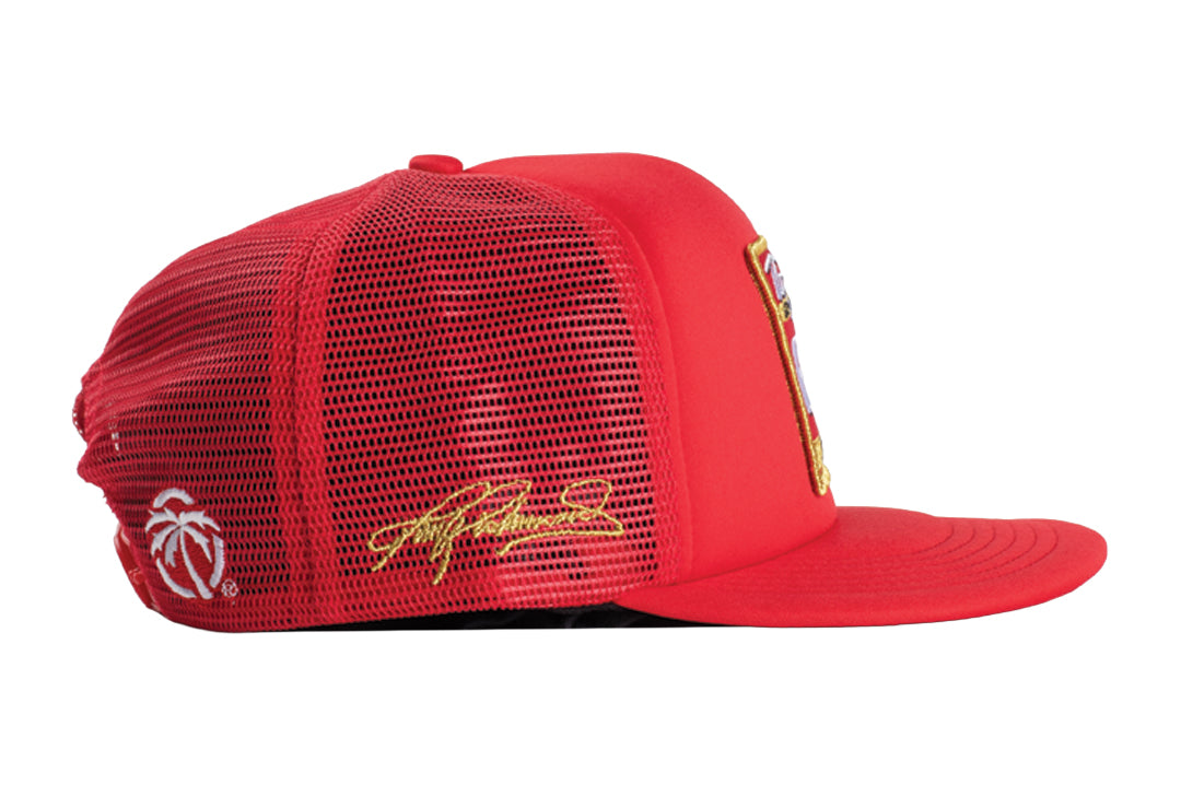Side angle shot of the HWV Trucker Hat: Hendrick Motorsports | Tim Richmond 25 Folgers on a white background