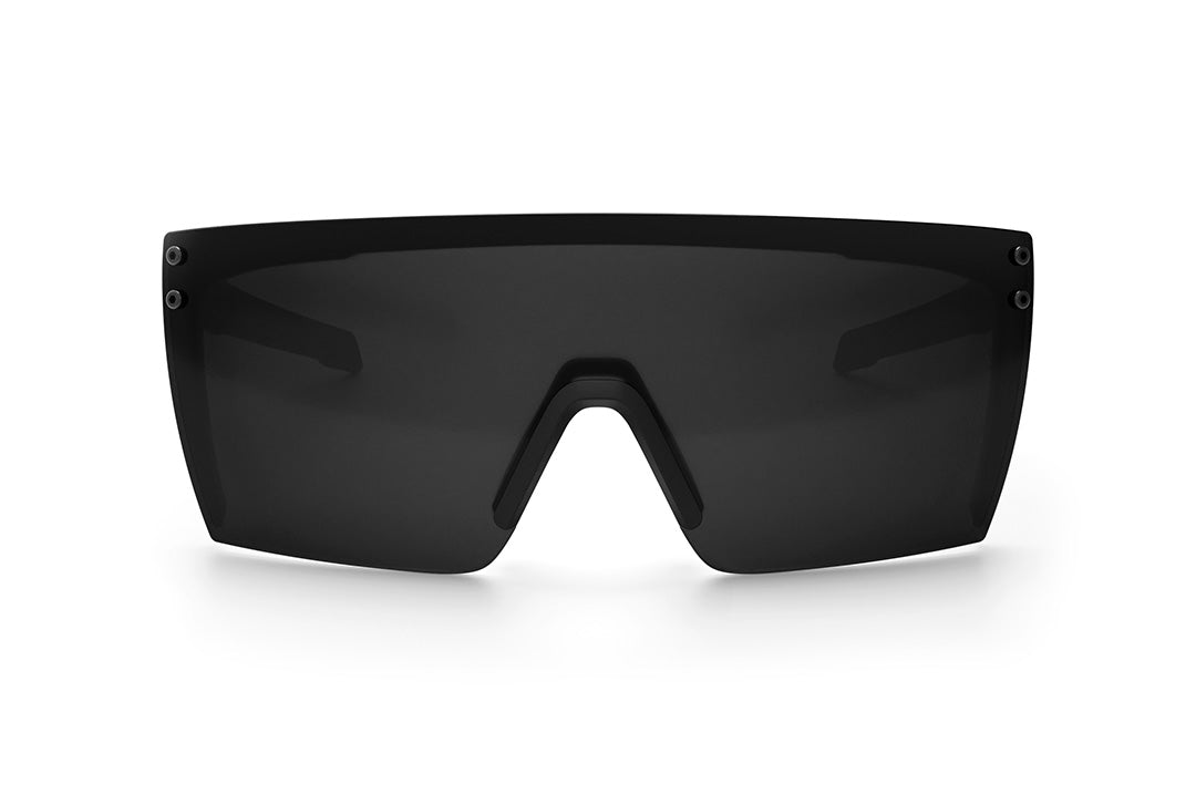 Front view of the Heat Wave Visual Performance Lazer Face Sunglasses with black frame and black lens. 
