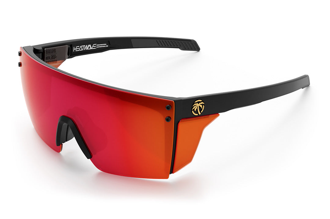 Heat Wave Visual Performance Lazer Face Sunglasses with black frame, firestorm lens and matching colored side shields. 