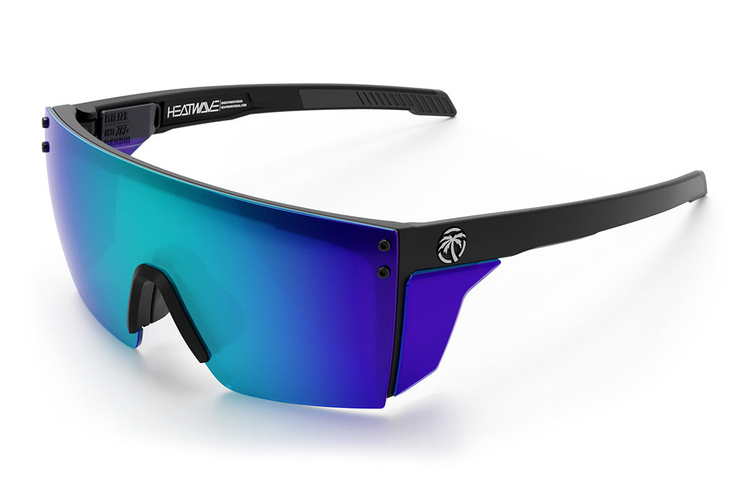 Heat Wave Visual Performance Lazer Face Sunglasses with black frame, galaxy blue lens and matching colored side shields.