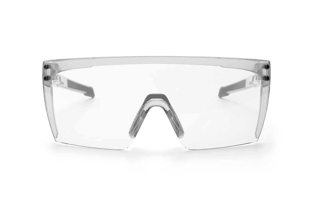 Front of view of the Heat Wave Visual Performance Lazer Face Sunglasses with clear lens and anti fog clear lens. 