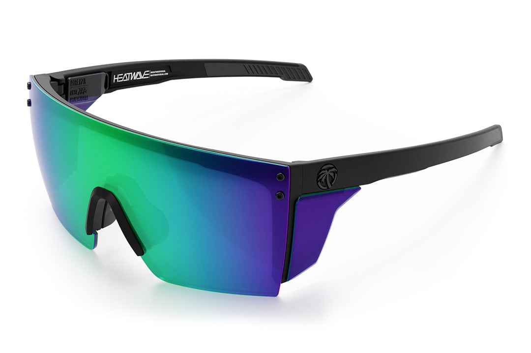 Heat Wave Visual Performance XL Lazer Face Sunglasses with black frame, piff green blue lens and matching colored side shields.