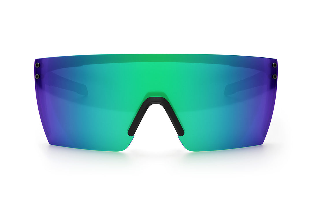 Front view of the Heat Wave Visual Performance XL Lazer Face Sunglasses with black frame and piff green blue lens.