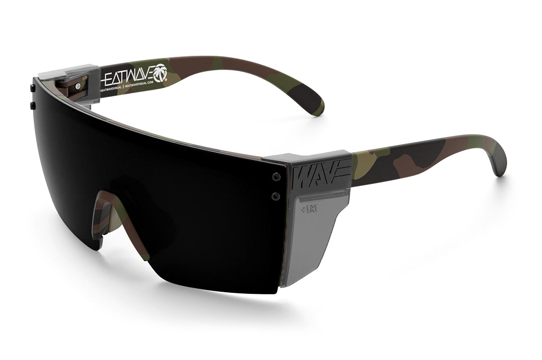 Heat Wave Visual Lazer Face Z87 Sunglasses with fleck camo frame , ultra black lenses and green emblem, smoked side shield