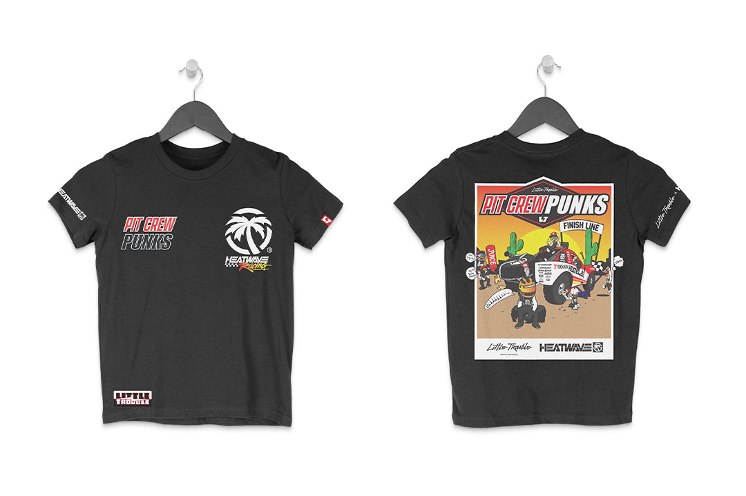 Front and backside of the Little Trouble X Heat Wave Kids T-Shirt on a white background.