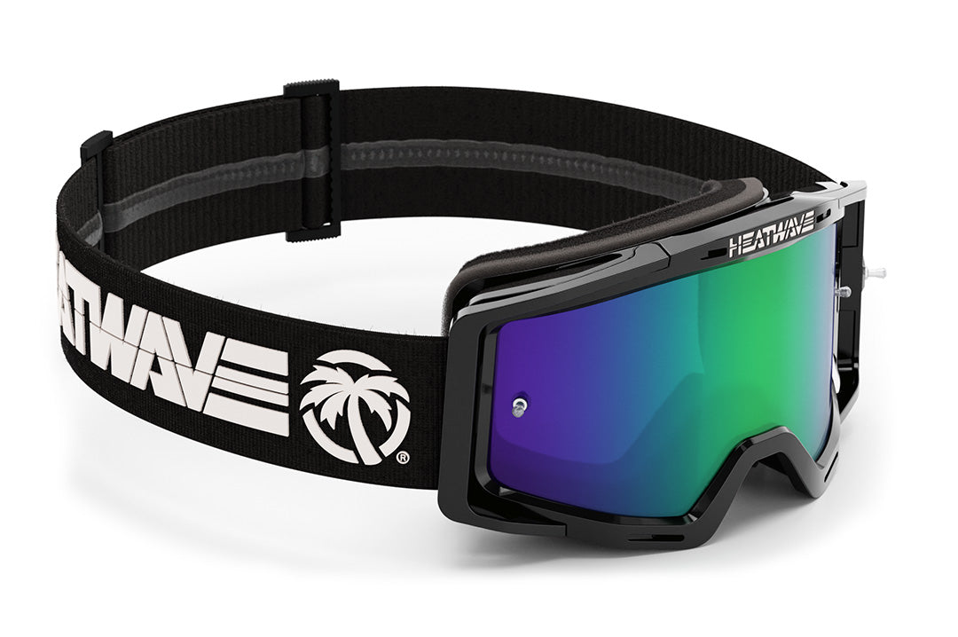 Heat Wave Visual MXG 250 Motosport Goggle in the billboard icon black with piff green blue lens.