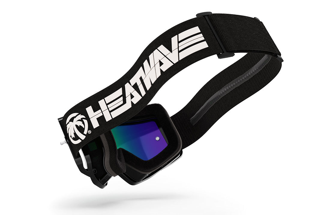 Back view of the Heat Wave Visual MXG 250 Motosport Goggle in the billboard icon black with piff green blue lens.