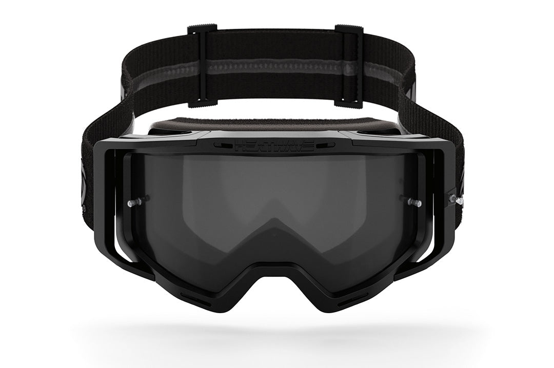 Front view of the Heat Wave Visual MXG 250 Motosport Goggle in the Brian Deegan black color with black lens.