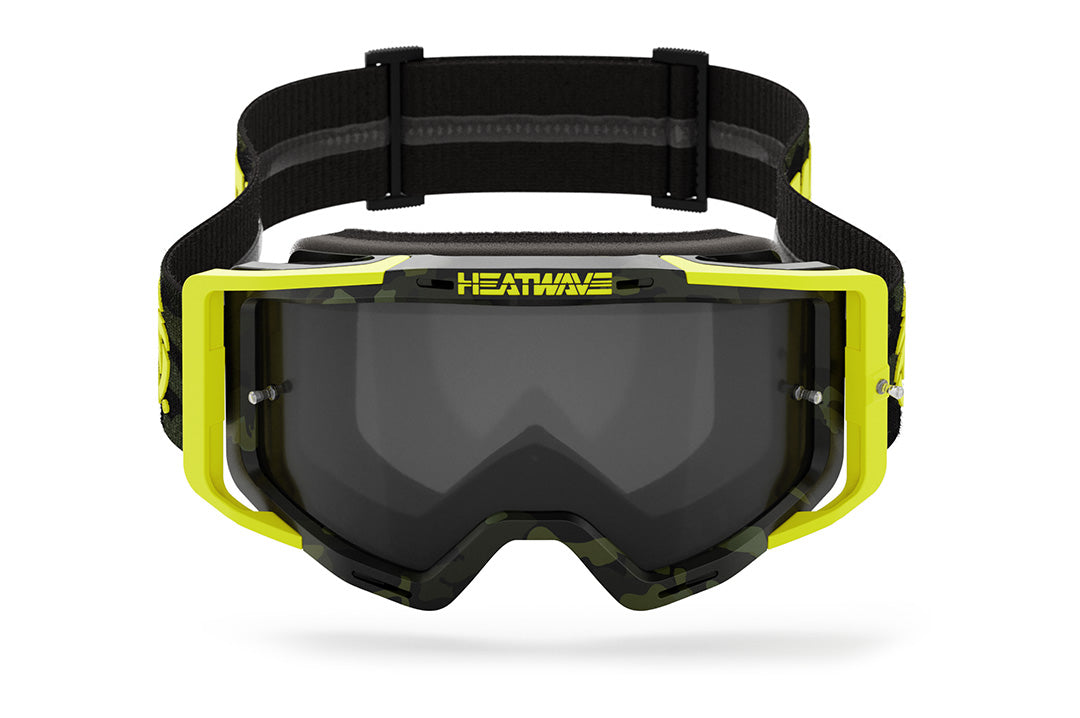 Front view of the Heat Wave Visual MXG 250 Motosport Goggle in the Deegan Camo color way with a black lens.