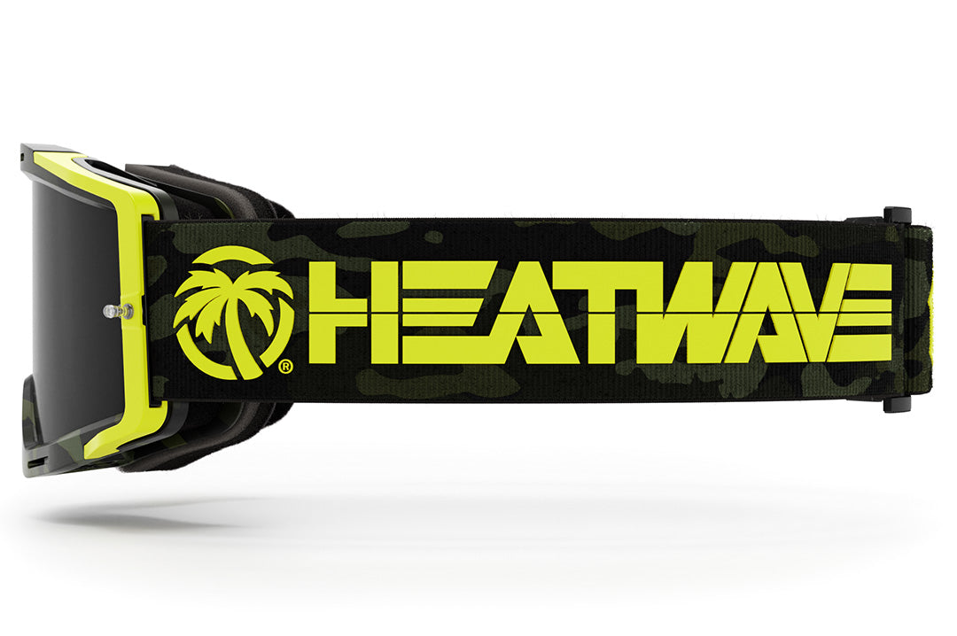 Side view of the Heat Wave Visual MXG 250 Motosport Goggle in the Deegan Camo color way with a black lens.