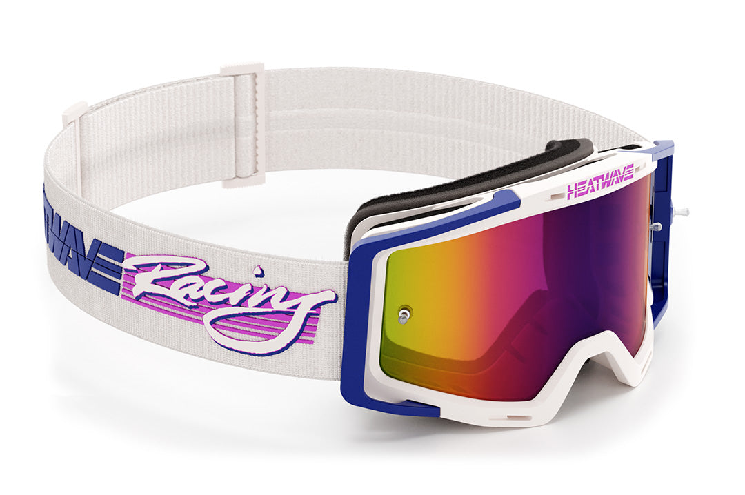 Front view of the Heat Wave Visual MXG 250 Motorsport Goggles in the Highlighter Racing white color with spectrum pink lens.