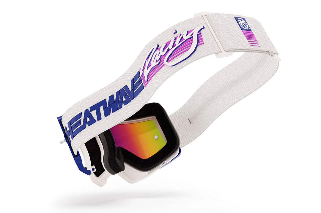 Back view of the Heat Wave Visual MXG 250 Motorsport Goggles in the Highlighter Racing white color with spectrum pink lens.