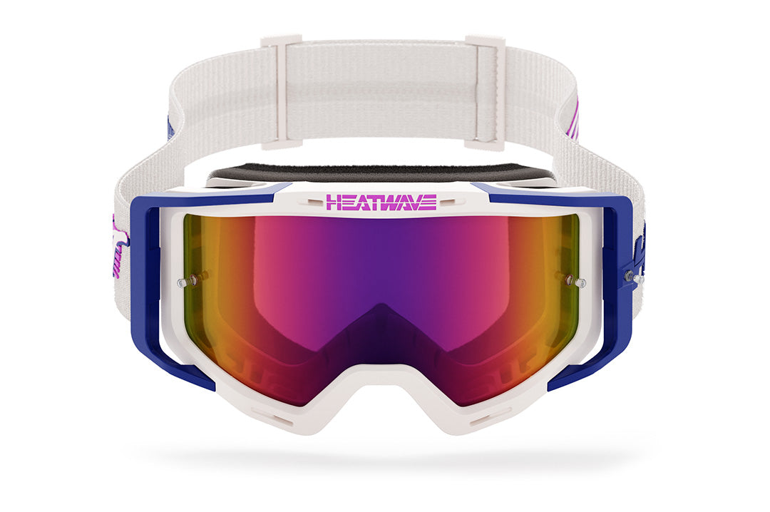 Front view of the Heat Wave Visual MXG 250 Motorsport Goggles in the Highlighter Racing white color with spectrum pink lens.