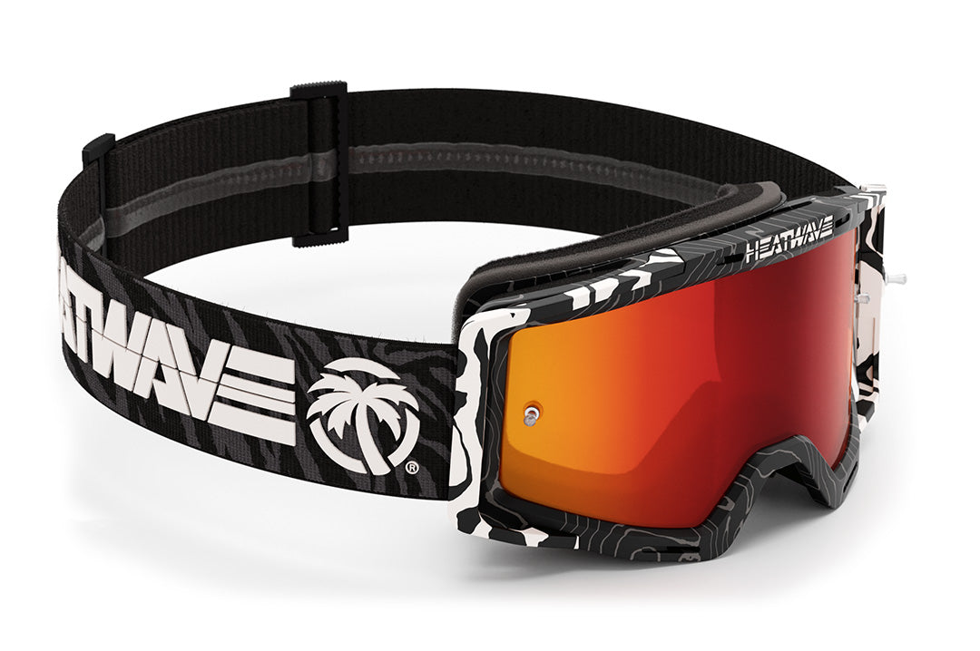 Side angle view of the Heat Wave Visual MXG 250 Motorsport Goggles in the Patrick Evans zebra stirpe color with firestorm red lens.