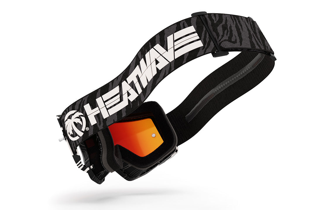 Back view of the Heat Wave Visual MXG 250 Motorsport Goggles in the Patrick Evans zebra stirpe color with firestorm red lens.