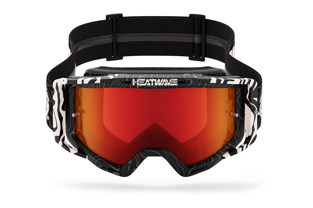 Front view of the Heat Wave Visual MXG 250 Motorsport Goggles in the Patrick Evans zebra stirpe color with firestorm red lens.