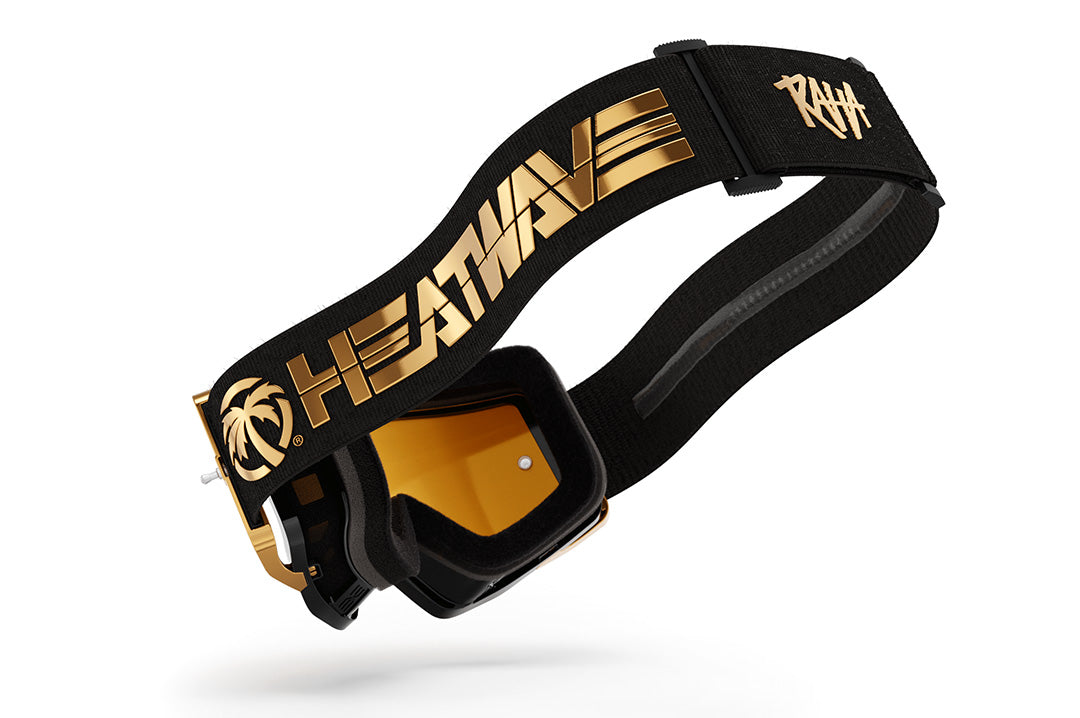 Back view of the Heat Wave Visual MXG 250 Motorsport Goggles in the Colby Raha black/gold color with gold rush lens.