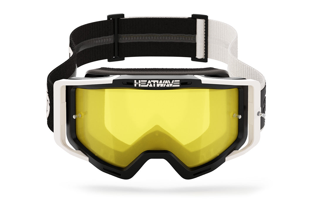 Front view of the Heat Wave Visual MXG 250 Motorsport Goggles in the Rusty Butcher white/black color with a hi vis yellow lens.  