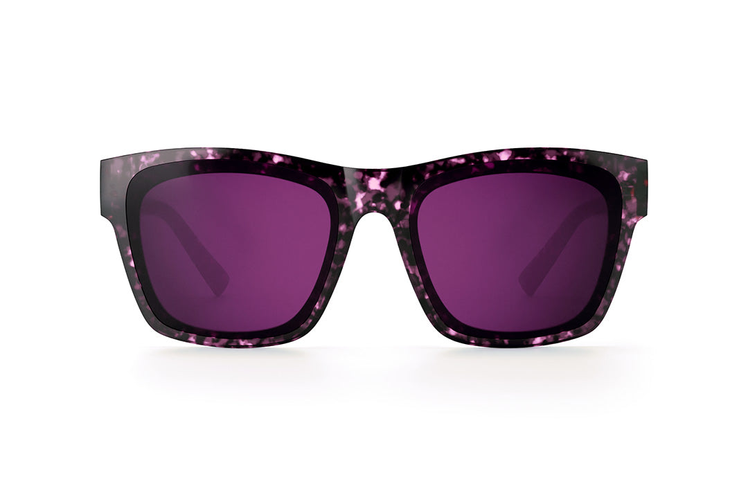 Front view of the Heat Wave Visual Marylin Sunglasses with velvet tortoise frames and purple lenses.