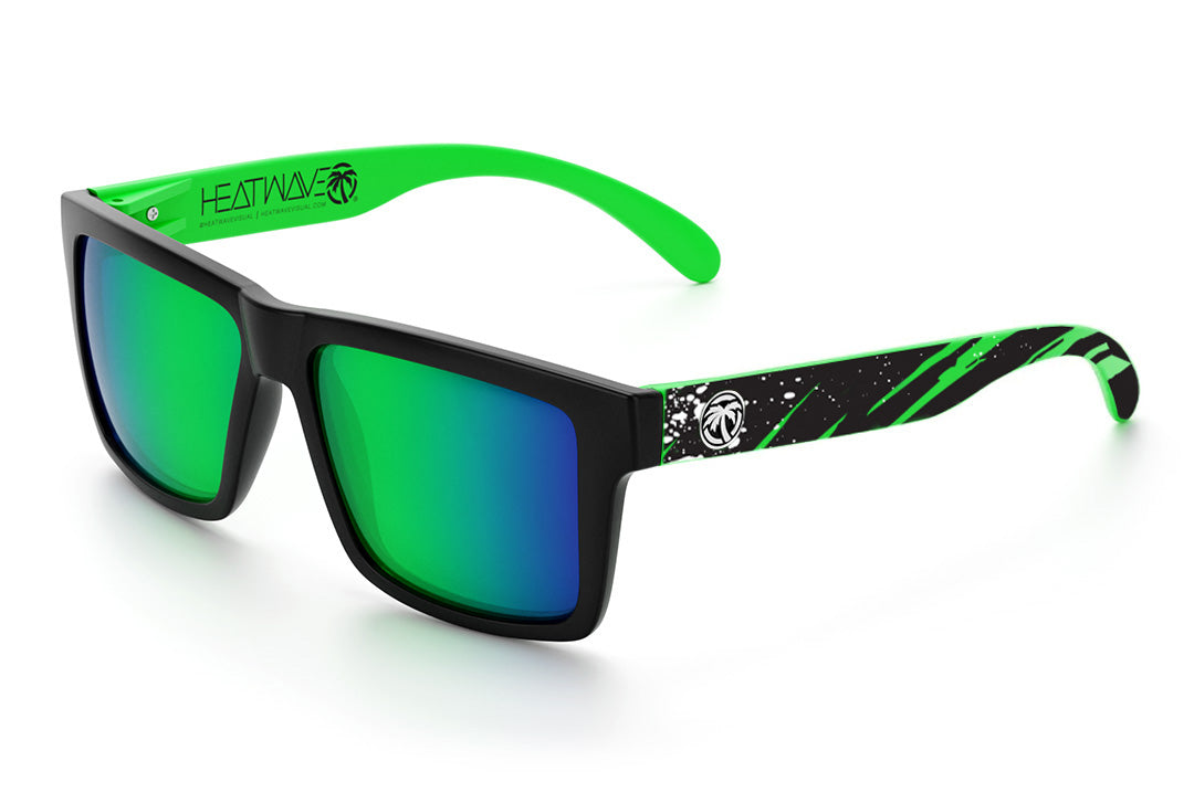 Heat Wave Visual Vise Sunglasses with black frame, aerosol green arms and piff green blue lenses.