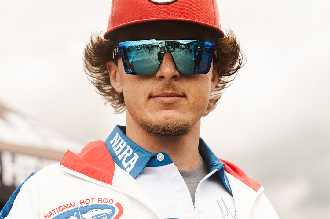 Man wearing the Quatro Sunglasses: NHRA Customs