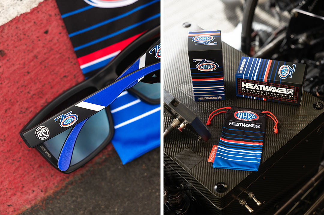 Collage photo of the VISE Sunglasses: NHRA Customs with carrying case and product box