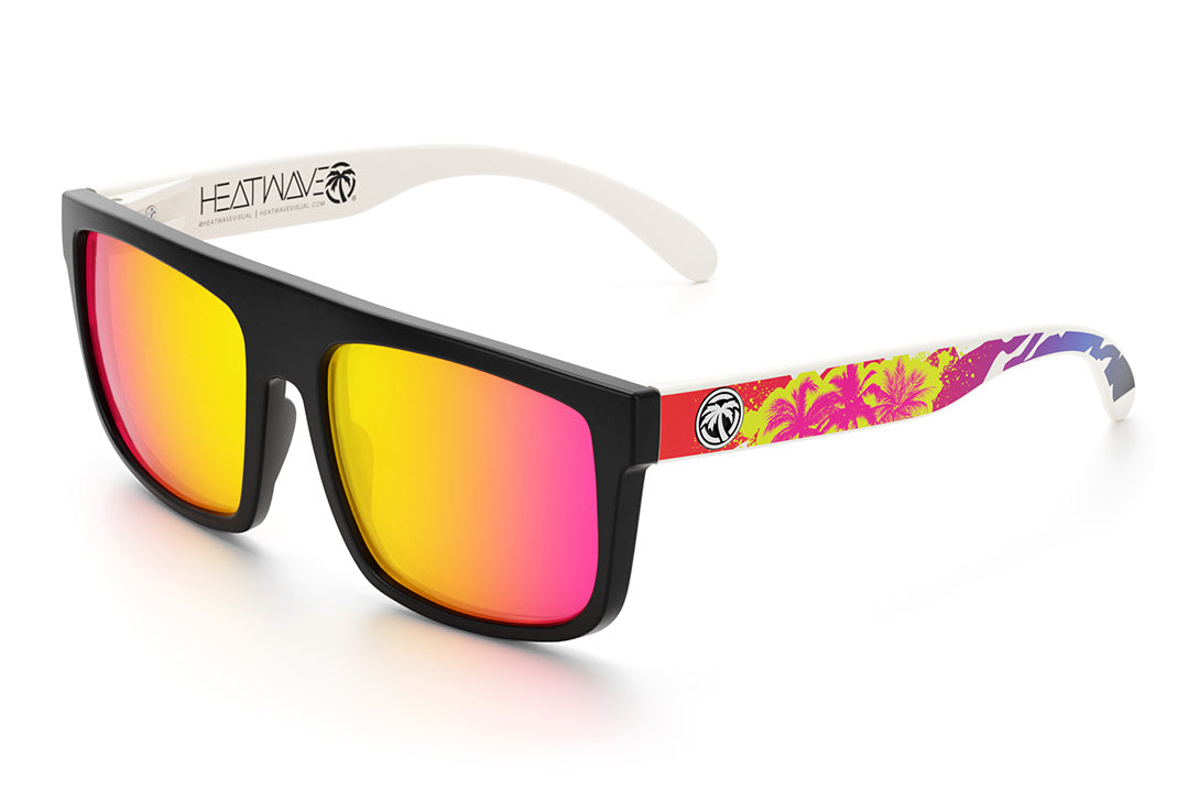 Heat Wave Visual Regulator Sunglasses with black frame with multi color palm tree print arms and tropic pink yellow lenses.